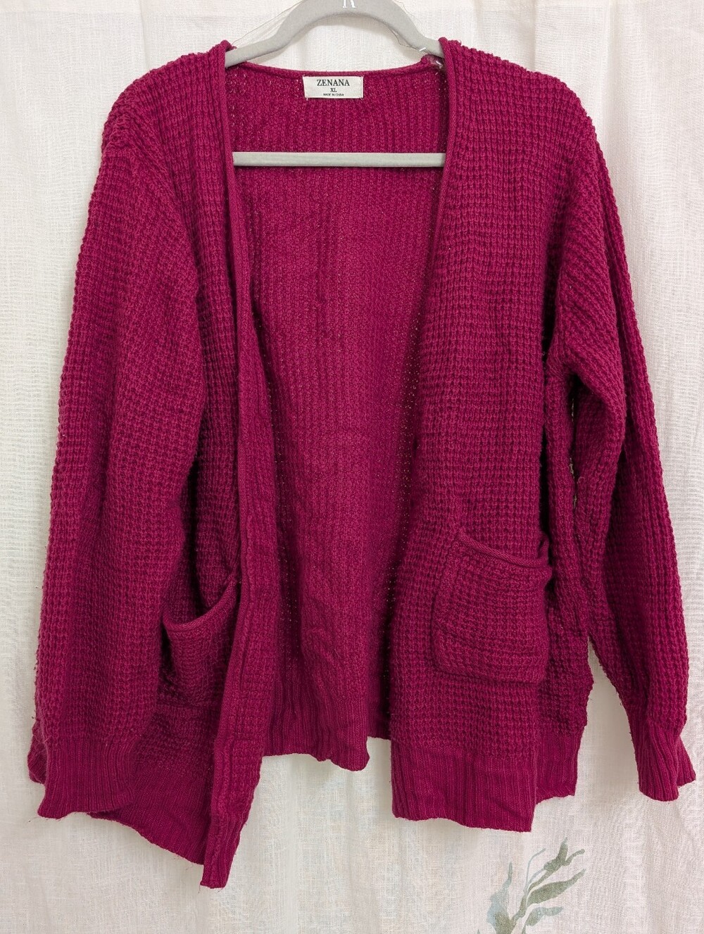 Zenana XL Waffle Knit Cardigan Sweater Magenta Open Front Pocketed